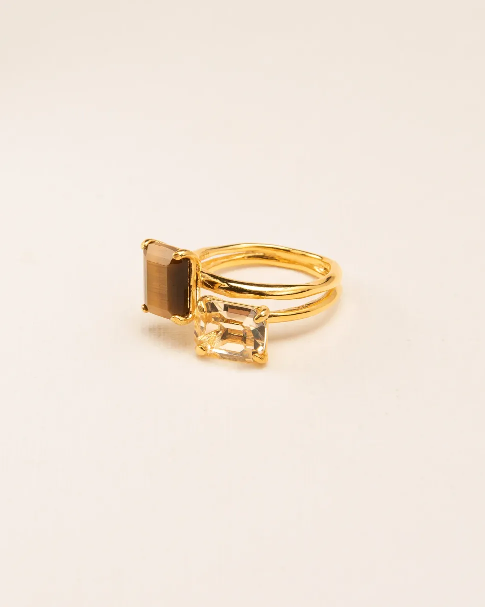 Wouters&Hendrix – dubbele ring met citrien en tijgeroog verguld